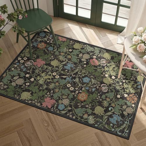Washable Floral Area Rug 2x3, Vintage Farmhouse Botanical Rug, Non Slip Low Pile Thin Floor Soft Small Accent Rug for Entryway Bedroom Living Room Kitchen Doorway Stain Resistant Black Green - color: Black, size: 2'x3'
