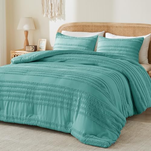 BEDELITE Boho Comforter Set Queen Size, Aqua Tufted Striped Bed Set 3 Pieces, Soft Vintage Farmhouse Comforter for All Seasons, Boho Home Decor,Fluffy Jacquard Bedding with 2 Pillow Shams - color: Aqua, size: Queen