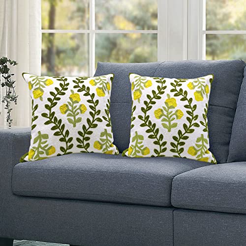 Alysheer Floral Embroidered Summer Decorative Throw Pillow Cover 18"x 18" Set of 2, Farmhouse Cottage Yellow Flower Green Leaves Patterned Cotton Cushion Case for Couch Bed Living Room Outdoor Decor - color: Yellow, size: 18" x 18" (Pack of 2)