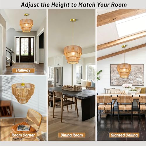 11.8" Gold Rattan Chandelier Boho Woven Pendant Light Fixture Rustic 3-Tier Wicker Hand-Woven Rattan Chandelier for Dining Room Kitchen Island Living Room Bedroom Foyer Entryway - color: 11.8″