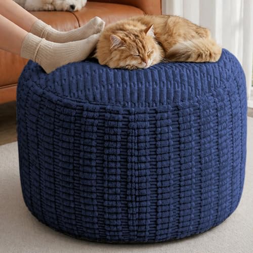 Large Round Pouf Ottoman Stuffed Corduroy Poufs Foot Rest with Foam Filling Fluffy Pouf Storage Ottoman Relax Stool for Living Room Couch 26 X 18 Inches, Blue - color: Blue, size: 26"D x 26"W x 18"H