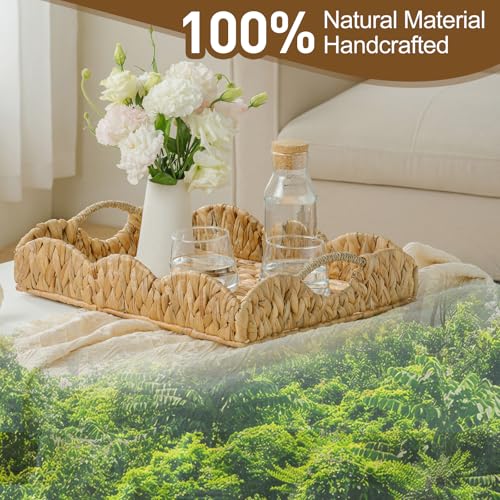 Water Hyacinth Serving Tray, Handwoven Woven Tray with Handles and Scalloped Edge, Rectangle Wicker Basket for Home Decor and Organizing, 17.3" L x 13.4" W x 3.6" H - color: Water Hyacinth-scalloped, size: 17.3" x 13.4" x 3.6"