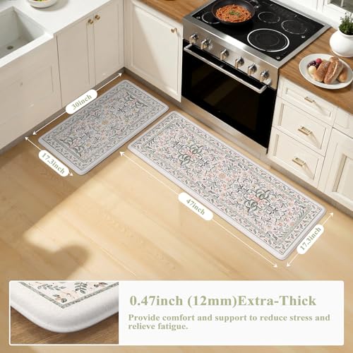 Collive Anti Fatigue Kitchen Floor Mat, Cushioned Waterproof Sink Mats Non Slip Floral Kitchen Rugs Sets of 2, Comfort Modern Standing Rug for Office, Laundry, Desk, 17"x30"+17"x47", Grey - color: Grey, size: 17.3"x47"+17.3"x29"