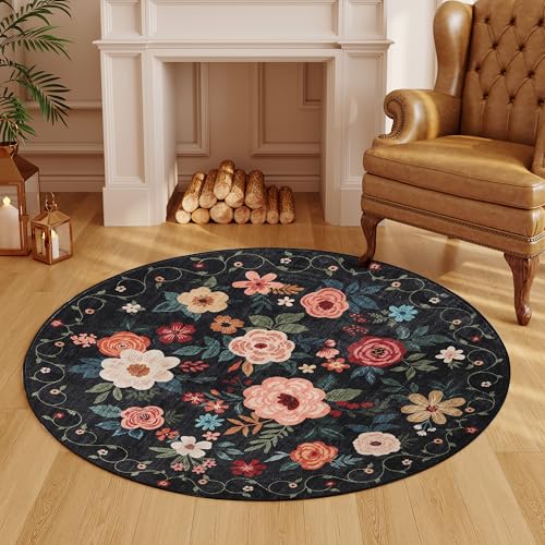 DUKINO Floral Round Rug, 4ft Washable Round Area Rug, Non Slip Indoor Low Pile Circle Rug, Soft Small Boho Design Circle Rug for Bedroom, Entryway, Living Room, Dining Room,Black - color: Black, size: 4' (Round)