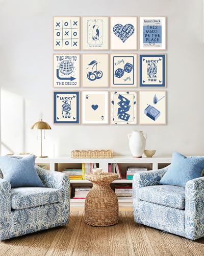 KBKBART 12pcs Blue Lucky Poster - Playing Card Wall Art, Poker Room Decor, Blue Trendy Wall Art, Funky Posters Aesthetic Pictures, Retro Ace Prints Queen of Hearts Decor for Bedroom (UNFRAMED) - color: Blue Lucky