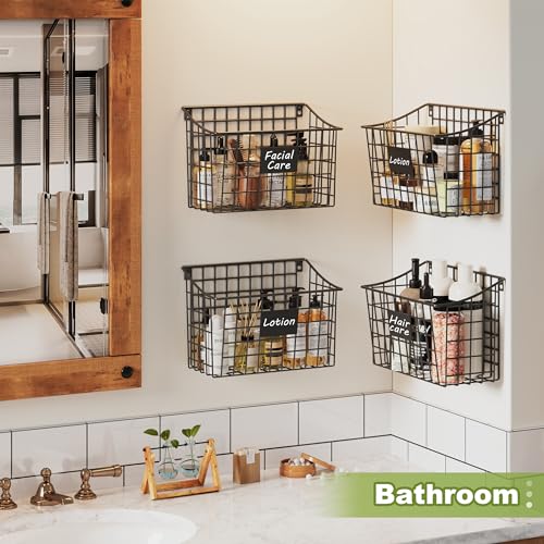 Wall Basket with Label Plate & 5 S-Hooks –4 Pack Hanging Wire Basket for Organizing, Wall Storage for Kitchen, Bathroom, Pantry, Laundry, RV – Hanging Wall Basket, Metal - size: 4 Pack