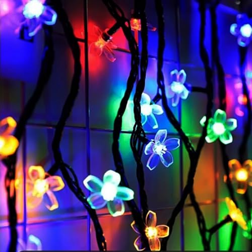 Outdoor Flower String Lights, 33ft Black Wire Fairy Lights with 100 LED Lighted Cherry Blossom for Indoor/Outdoor Backyard, Patio, Garden, Party, Christmas Decoration (Black Wire-Multicolored) - color: Multi-Flower-Black Wire
