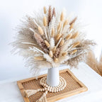150pcs Pampas Grass + 1 White Ceramic vase + 1 Wood Bead Garland , Boho Home Decor Bouquet Phragmites Dried Flowers Bouquet for Wedding Floral Arrangements Home Decorations - size: 150 Pcs