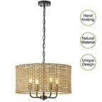 Rattan Wicker Drum Chandeliers for Dining Room, 4-Light Bohemian Hand-Woven Farmhouse Drum Pendant Chandelier Light Fixture for Entryway Living Room Kitchen Stairway Bedroom Hallway - color: Black 4-Light Drum