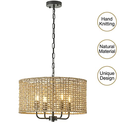 Rattan Wicker Drum Chandeliers for Dining Room, 4-Light Bohemian Hand-Woven Farmhouse Drum Pendant Chandelier Light Fixture for Entryway Living Room Kitchen Stairway Bedroom Hallway - color: Black 4-Light Drum