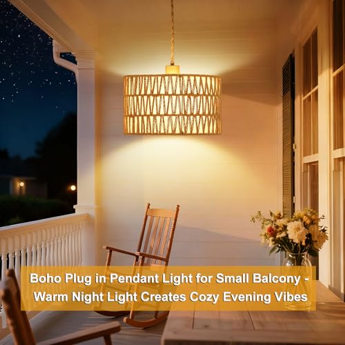 Dimmable Boho Hanging Lights with Plug in Cord 14.7ft，2 in 1 Shade Plug in Pendant Light Rattan Hanging Lamp with E26 Bulb, Long Lasting Wicker Plug in Pendant lamp Fixture for Living Bedroom - size: 2 tier HL-10