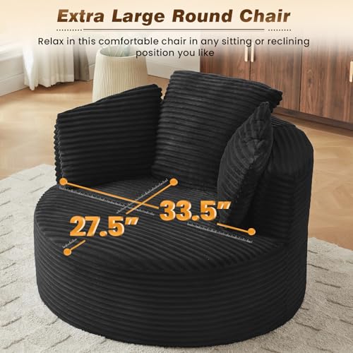48"W Oversized Round Chaise Longue Chair Indoor,Corduroy Fluffy Comfy Cloud Chair,Circle Bean Bag Sofa with Foam Filling & Pillows,Boneless Reading Cozy Sofa Chairs for Living Room,Bedroom,Black - color: Black
