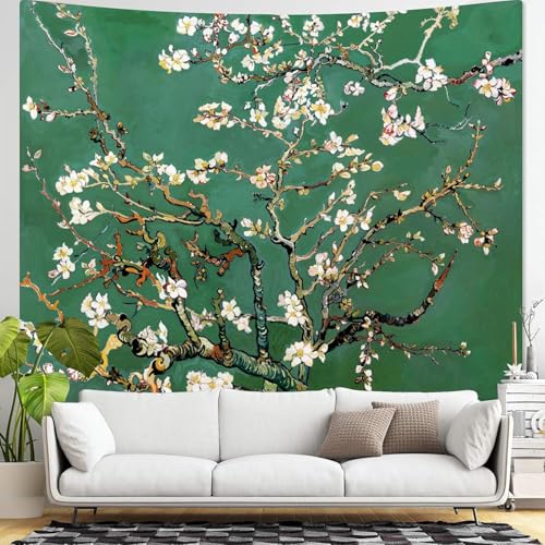 Yeoiat Van Gogh Tapestry Almond Blossom Floral Wall Tapestry, Tree Tapestries for Bedroom Art Tapestries Wall Hanging for Bedroom Living Room 36"x48" - color: Green White, size: 48"L x 36"W