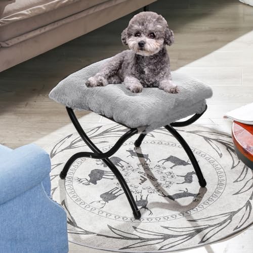 15" Foldable Foot Stool Ottoman with Metal Frame - Washable Faux Fur Grey Upholstered Indoor/Outdoor Footrest for Living Room, Bedroom, Patio - Space-Saving Compact Design - color: Fleece-grey
