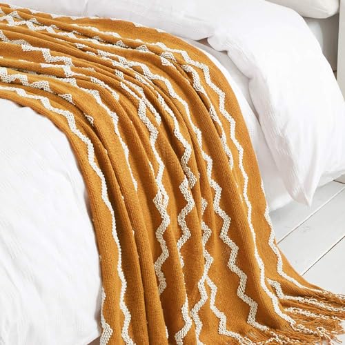BOURINA Fluffy Chenille Knitted Fringe Throw Blanket Lightweight Soft Cozy for Bed Sofa Chair Throw Blankets, 60" x 80",Mustard - color: A-mustard, size: 60"×80"