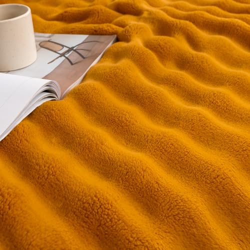 YUSOKI 3D Fleece Bubble Throw Blanket | 380GSM Ultra Soft Fluffy Plush | Non-Shedding Lightweight Cozy Blanket for Couch Sofa Bed | All Season (Gold,50 * 60inches) - color: Gold, size: Throw(50" x60")