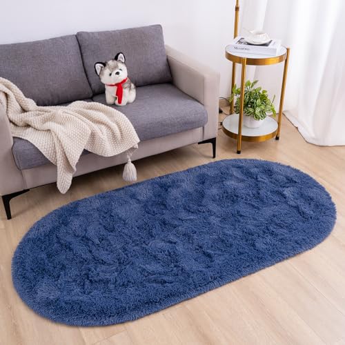 Goideal Fluffy Bedroom Rug, Small Oval Area Rugs, Light Navy Shag Bedside Carpet for Kids Room Nursery Dorm Cute Fuzzy Indoor Decor for Boy and Girl, 2.6 x 5.3 Feet - color: Light Navy