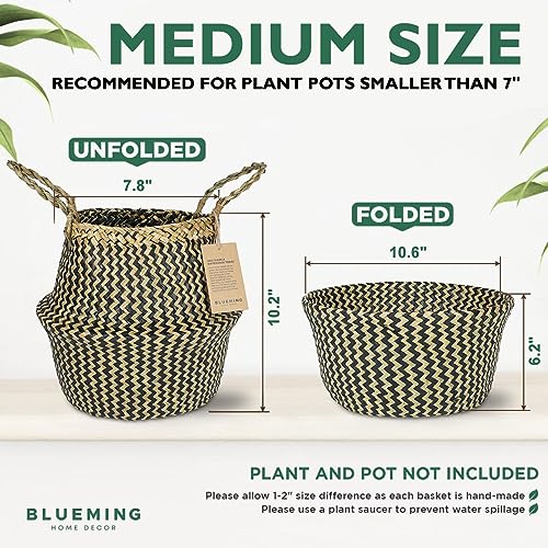 Blueming Wicker Plant Basket – Small 8-9 Inch Medium Seagrass Pot for Faux Olive Tree, Snake Plant or Houseplants, Black Decorative Planter for Home Decor - color: Black, size: Medium
