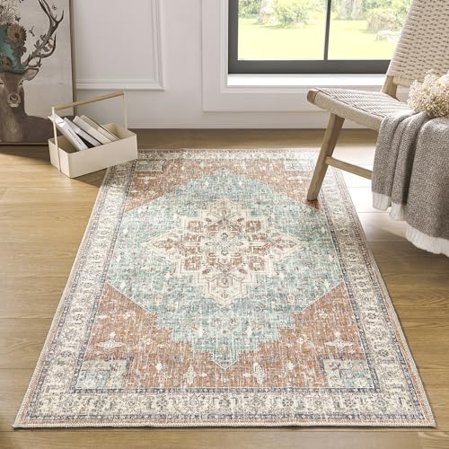 Washable Entryway Rugs Indoor,3x5 Area Rug Non Slip Bohemian Vintage Throw Rugs Thin Front Door Mat Entrance Doormat,Terracotta Rust Burnt Orange and Turquoise - color: Terracotta Turquoise, size: 3' x 5' (Rectangular)