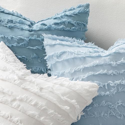 MIULEE Set of 2 Decorative Boho Throw Pillow Covers Linen Striped Jacquard Pattern Summer Cushion Covers for Sofa Couch Living Room Bedroom 16x16 Inch Light Blue - color: Light Blue, size: 16" x 16" (Pack of 2)