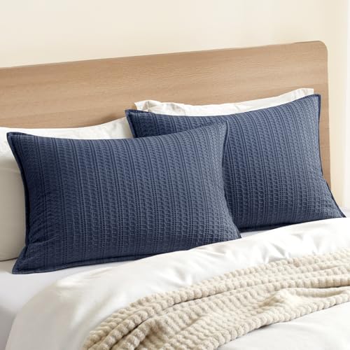 100% Cotton Waffle Pillow Shams Standard Size, 2 Pack 20x26 Decorative Pillow Covers for Bed Couch Sofa, Neutral Weave Cushion Cases Modern Farmhouse Home Decor, Navy Blue - color: Navy Blue, size: 26" x 20" (Pack of 2)