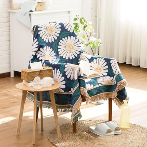 LumiSyne Cotton Woven Throw Blanket With Tassel Double-Sided Jacquard Bohemian Geometric Pattern Vintage Ethnic Style Decorative Throws For Sofa Bed Armchair Camping Blanket Tapestry Tablecloth Carpet - color: Blooming Daisy, size: 90×90cm