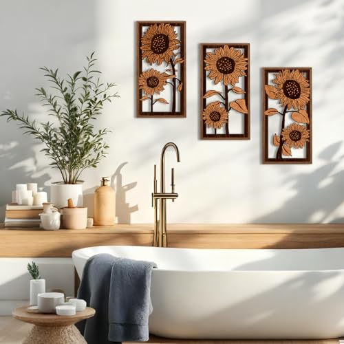 BINCUE 3D Boho Flower Wall Art,Sunflower Wall Decor,Retro Sunflower Artwork,Rustic Framhouse Florals Prints,Flower Plants Wildflower Hanging Decor for Living Room Bedroom Home 8x16 Inches Set of 3 - color: Vintage Sunflower