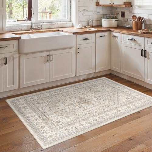 Washable 3x5 Area Rug for Entryway - Bedroom Rugs with Non Slip Rubber Backing for Kitchen Bathroom Indoor Soft Stain Resistant Carpet Rug for Pet Feeding Area and Distressed Floor Decor Beige/Gray - color: Beige/Gray, size: 3' x 5' (Rectangular)