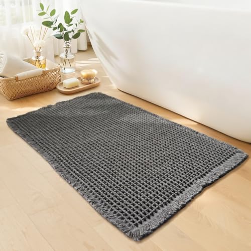 Waffle Bath Mat - Boho Bathroom Rugs Non Slip Washable, Super Absorbent & Quick Dry, Soft Bath Mat Farmhouse Bathroom Decor, 20'' x 32'', Dark Grey - color: Dark Grey, size: 20'' X 32''