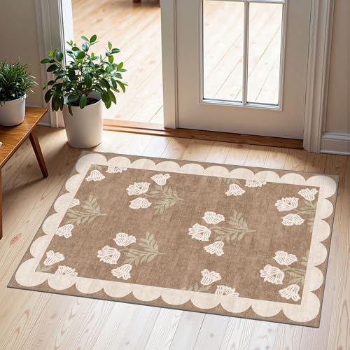 Front Door Mat Outside Entrance - 2x3 Floral Non-Slip Washable Doormat Indoor Outdoor Mat Tan Neutral Farmhouse Scalloped Entry Rug Small Throw Rugs for Entryway Kitchen Front Porch Decor - color: Flower - Brown, size: 2' x 3' (Rectangular)