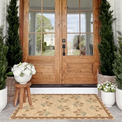 Floral Outdoor Rug - 28" x 43" Front Door Mat Indoor Outside Entrance Non-Slip Washable Outdoor Mat Jute-Look Tan Scalloped Rug for Entryway Kitchen Mudroom Layered Doormat for Front Porch - color: Flower - Wheat/Tan/Sage, size: 2'4" x 3'7" (Rectangular)