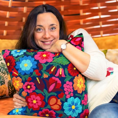 HunnmingRe 2 Pcs Mexican Boho Throw Pillow Covers 18 x 18 Inch Embroidery Colorful Floral Throw Pillows Ethnic Decorative Fiesta Cushion Covers for Bed Couch Sofa Home Decor(White,Blue) - color: White,blue