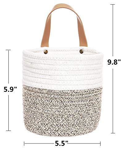2pack Small Hanging Basket-Cotton Rope Wall Basket with Handle, Hanging Storage Baskets, Shelf Baskets Storage Bin Closet Organizer 6"×6.3", Woven Plant Basket - (White & Brown) - color: White & Brown