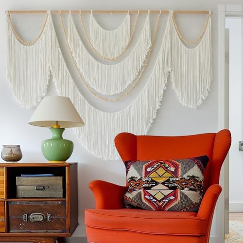 Flber Large Macrame Wall Hanging – Boho Yarn Art Garland with Tassels and Beads, Handmade Rope Decor for Nursery, Party, Wedding, Bedroom, Fireplace Mantel, or Photo Backdrop 57" W x 41" L - color: White