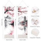seewan 2 Pack Long Vertical Wall Tapestry, Boho Nature Landscape & Floral Aesthetic Wall Hanging for Bedroom Living Room Home Decor, Long Narrow Art Tapestry with Sunrise Mountain Botanical Designs, 13" × 51" (Blossom Ink Landscape, 13"Wx51"H, Unframed) -