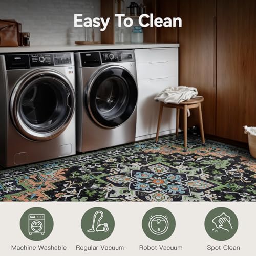 5x7 Area Rugs, Vintage Washable Area Rug for Living Room, Floral Boho Area Rugs for Bedroom, Office, Non-Slip Colorful Rug, Traditional Vintage Style, Plush Low-Pile Soft Carpet, Dark Green - color: Dark Green, size: 5' x 7' (Rectangular)