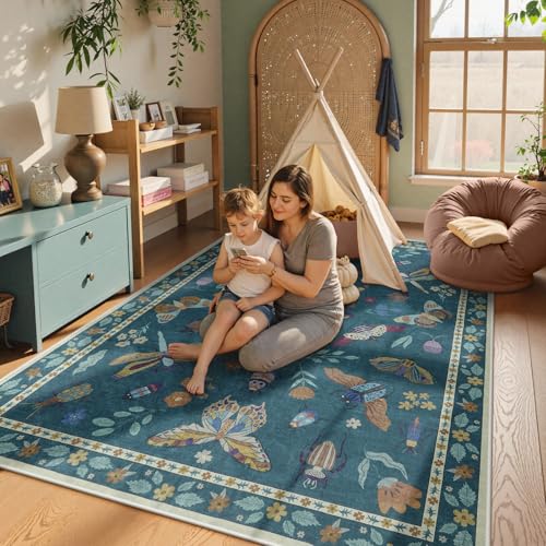 Beeiva Insect Print Area Rug 6x9, Washable Rugs for Living Room Non Slip, Soft Low Pile Ultra Thin Foldable Large Carpet for Dorm Bedroom Kids Room Playroom Decor(Dark Green,6x9ft) - color: Dark Green, size: 6' x 9' (Rectangular)