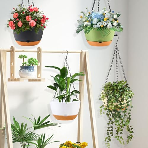 KPUVX 10 inch Hanging Planters for Indoor Outdoor Plants with Self-Watering Pots, 3 Pack Plastic Hanging Basket with Removable Tray for Home Garden Porch Balcony Patio Decor(White+Black+Green) - color: Multicolor, size: 10 inch