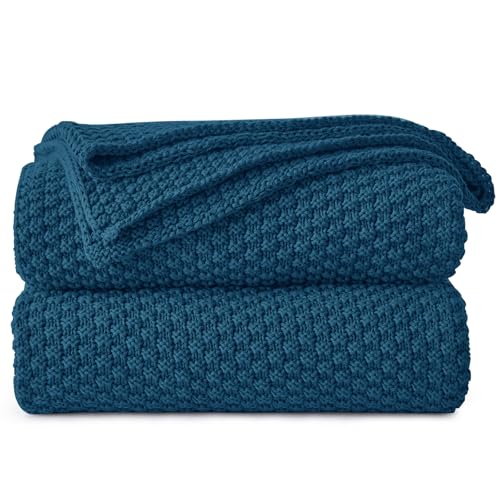 Longhui bedding 100% Cotton Knitted Throw Blanket – Blue, Soft & Cozy, Machine Washable, 60"x80" – Perfect for Living Room, Couch, Sofa, Bed or Travel - color: Blue, size: 60" x 80", Oversized