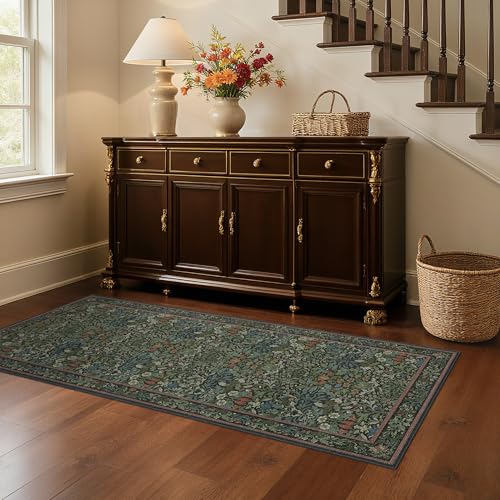 Bavni 2x10 Runner Rug Non Slip, Kitchen Rugs Non Slip Washable, Thin Bathroom Runner for Hallway Laundry Room Entryway, Ultra Soft Botanical Carpet, Modern Boho Floral Indoor Floor Decor, Dark Green - color: Dark Green, size: 2' x 10' (Rectangular)