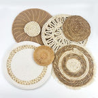CODOHI Set of 7 Boho Wall Baskets, Wall Hanging Rattan Decor, Flat Round Woven Water Hyacinth Corn Husk Farmhouse Handmade Macrame Hanging Woven Baskets for Living Room Bedroom Dining Room Office