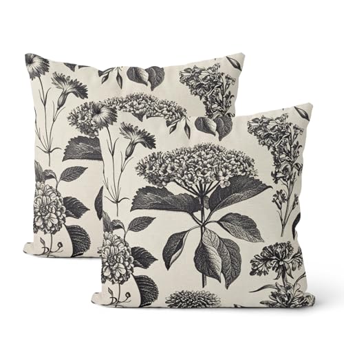 Black Pillow Covers 16x16 Inch 2 Pcs Boho Vintage Floral Decor Throw Pillows Hydrangea Flower Seasonal Outdoor Farmhouse Neutral Accent Decoration Pillowcase Linen Cushion Cover for Couch - color: Boho Black Hydrangea, size: 16" x 16" (Pack of 2)