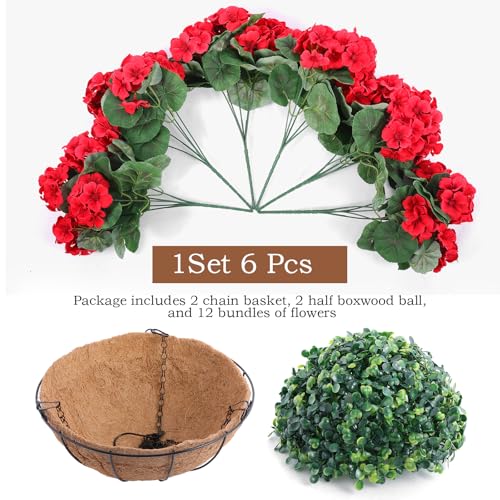 Hananona 2 Set Artificial Red Geraniums Flowers for Outdoors with Hanging Baskets, 2 Hanging Planters with 12 Pcs Red Geranium Flowers for Christmas Front Porch Garden Patio Home Decor (2, Red) - color: Red