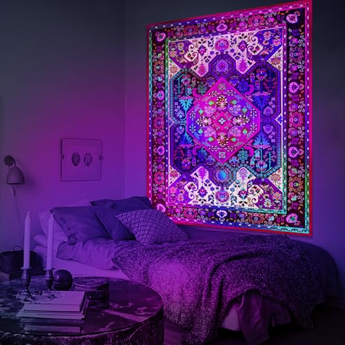 Apdidl Blackligt Boho Hippie Wall Tapestry for Bedroom Aesthetic, Glow in The Dark Neon Indian Bohemian Mandala Tapestries, UV Reactive Purple Floral Blanket Vertical Wall Hanging for Living Room 60" X 79" - color: Blacklight Boho tapestry, size: 79"L x 6