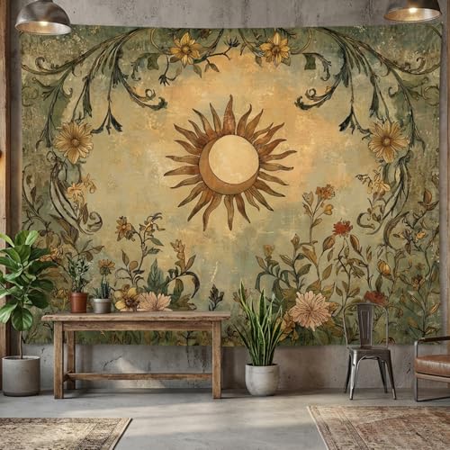 Lifeel Vintage Sun and Moon Tapestry, Boho Retro Green Plant Aesthetics Tapestries for Living Room Dorm, 44x60 inches - color: cream, size: 60"L x 44"W