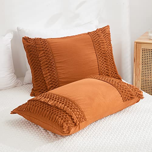 Burnt Orange Pillowcases, Macrame Tassel Pillow Cases Set of 2, 100% Washed Microfiber, Caramel Decor Tassel Boho Pillow Cover, 2 Pack (King, Rust Tassel) - color: Rust Tassel, size: King, 20" x 40" (Pack of 2)