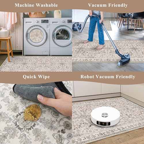 3x5 Kitchen Rug Washable Non-Slip, Beige Modern Boho Indoor Small Area Rugs for Entryway Bedroom Living Room, Soft Low-Pile Thin Door Mat - color: Beige, size: 3' x 5' (Rectangular)