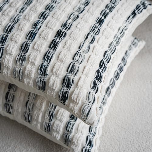 Caflife Boho Throw Pillow Covers 22x22 Inch Set of 2, Farmhouse Black Striped Textured Chenille Decorative Couch Pillow Cases, Rustic Accent Cushion Covers for Sofa Bed Living Room Bedroom - color: Black, size: 22" x 22" (Pack of 2)