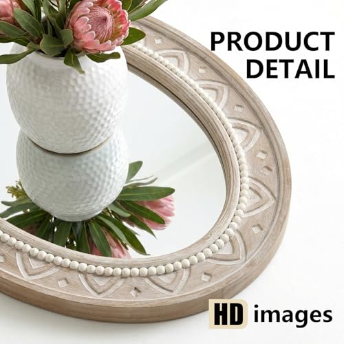 H HOMEWINS Oval Mirrors for Wall,20x30 Oval Wooden Rustic Farmhouse White Beads Boho Nature Decorative Mirror for Bedroom, Bathroom, Living Room,Vanity - color: Light Brown, size: 30"L x 20"W
