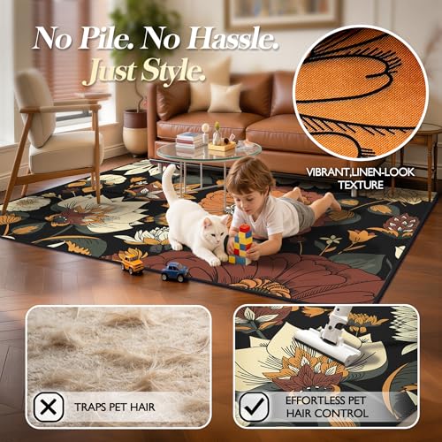 Tyrot Black Boho Floral Rug 2x3, Washable Ultra-Thin Flat Woven Botanical Area Rug, Low Pile Non Slip Indoor Rug for Entryway, Kitchen, Bathroom, Bedroom - color: Warm Ember, size: 2' x 3' (Rectangular)
